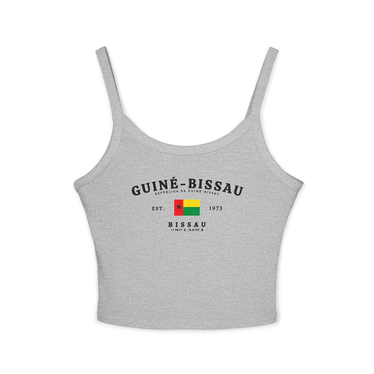 Navy tank top with arched Guiné-Bissau lettering, flag, Est. 1973, Bissau and coordinates design