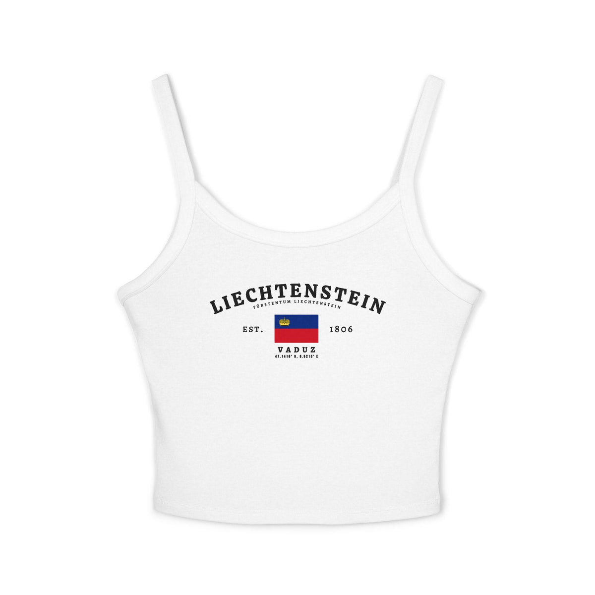Liechtenstein tank top with arched lettering, national flag, Vaduz text, Est. 1806, and coordinates.