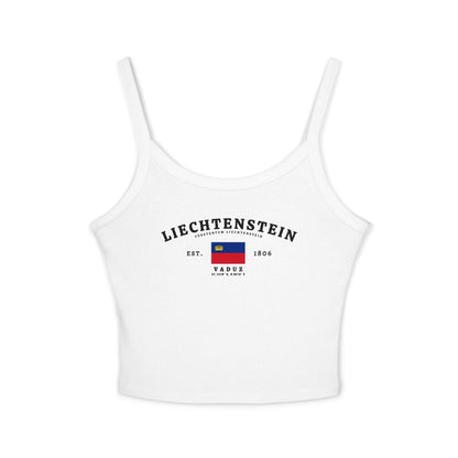 Liechtenstein tank top with arched lettering, national flag, Vaduz text, Est. 1806, and coordinates.