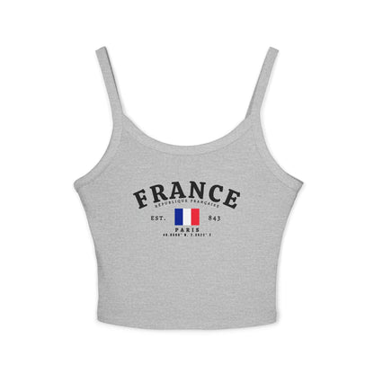 Navy tank top with arched FRANCE text, République Française, French flag, Paris and coordinates design