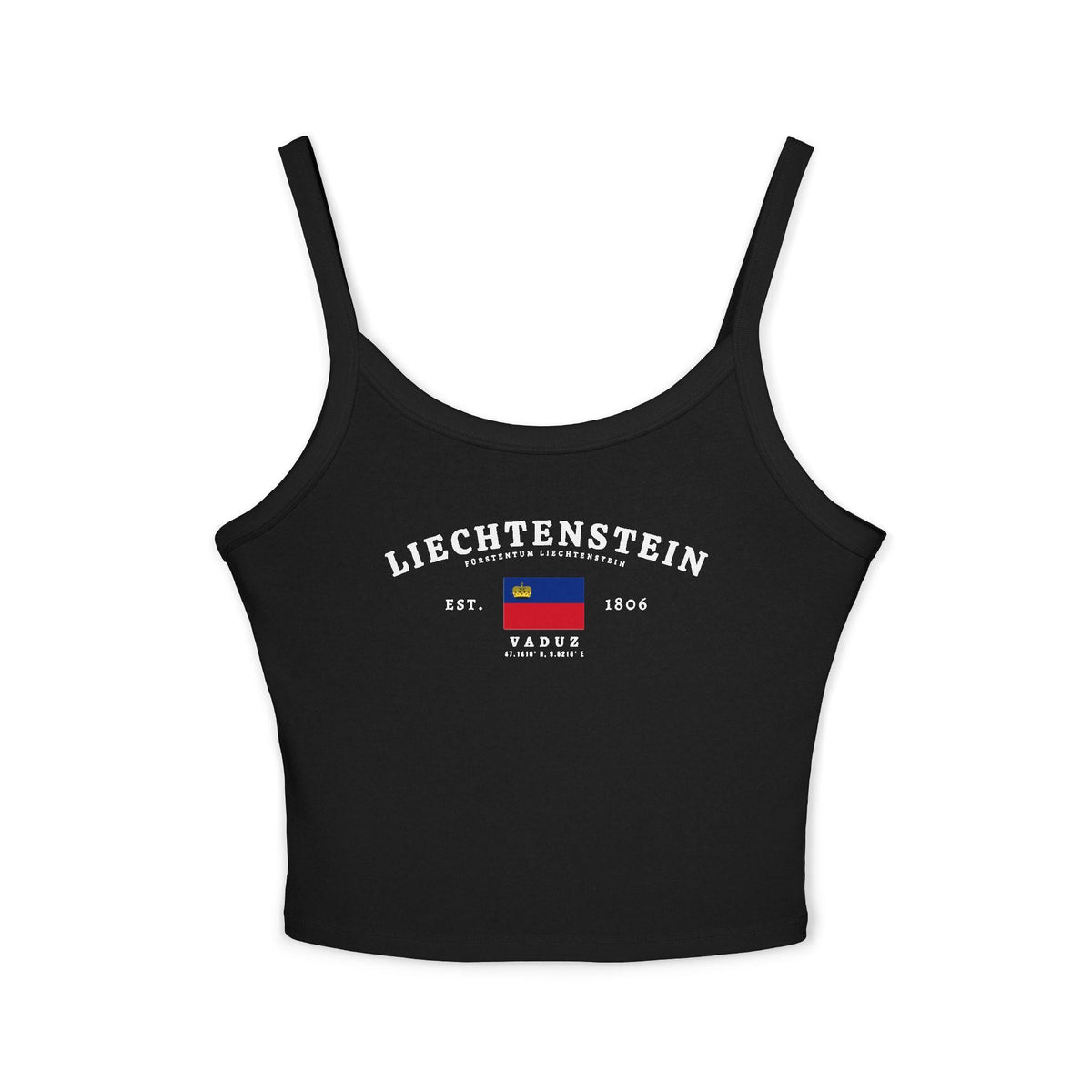 Liechtenstein tank top with arched lettering, national flag, Vaduz text, Est. 1806, and coordinates.