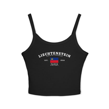 Liechtenstein tank top with arched lettering, national flag, Vaduz text, Est. 1806, and coordinates.
