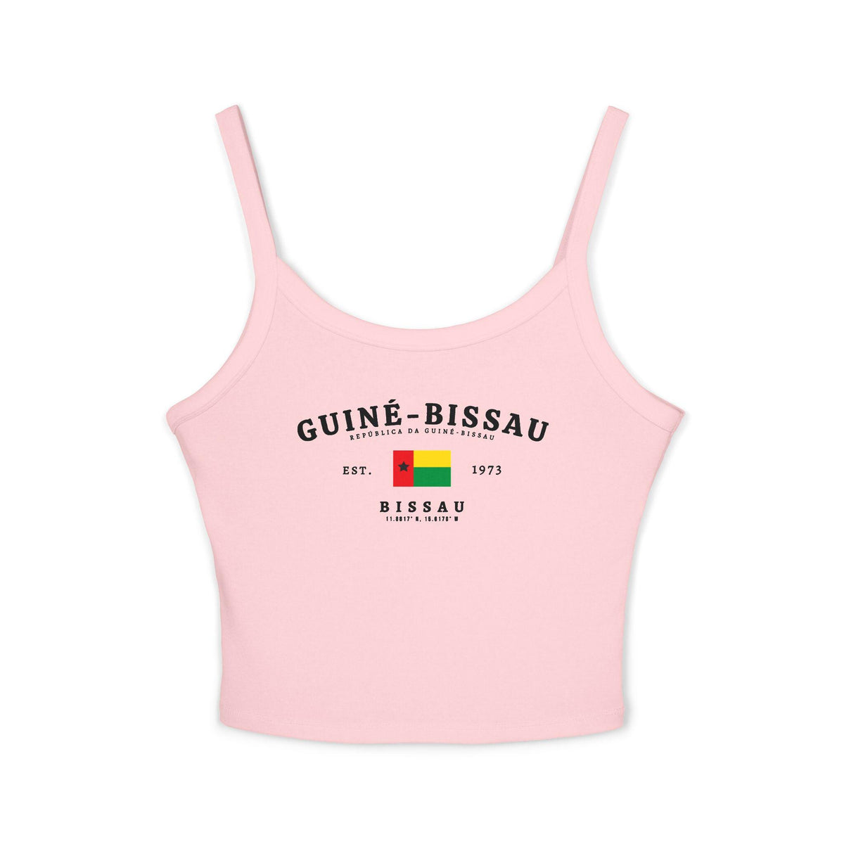 Navy tank top with arched Guiné-Bissau lettering, flag, Est. 1973, Bissau and coordinates design