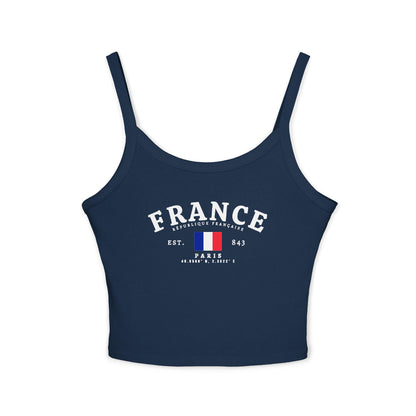 Navy tank top with arched FRANCE text, République Française, French flag, Paris and coordinates design
