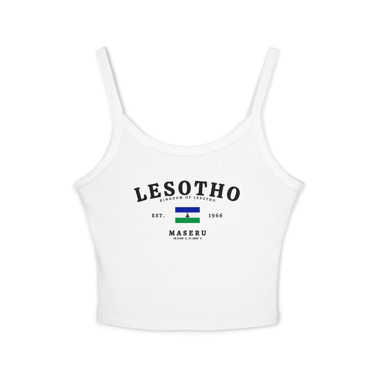 Navy tank top with Lesotho text, Kingdom of Lesotho, flag, Est. 1966, Maseru and coordinates