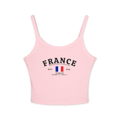 Navy tank top with arched FRANCE text, République Française, French flag, Paris and coordinates design
