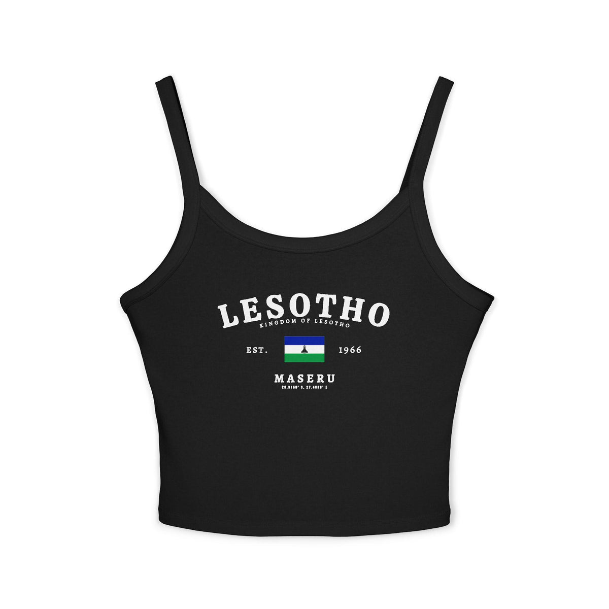 Navy tank top with Lesotho text, Kingdom of Lesotho, flag, Est. 1966, Maseru and coordinates