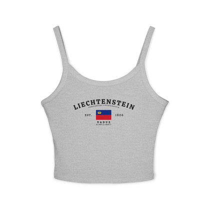 Liechtenstein tank top with arched lettering, national flag, Vaduz text, Est. 1806, and coordinates.