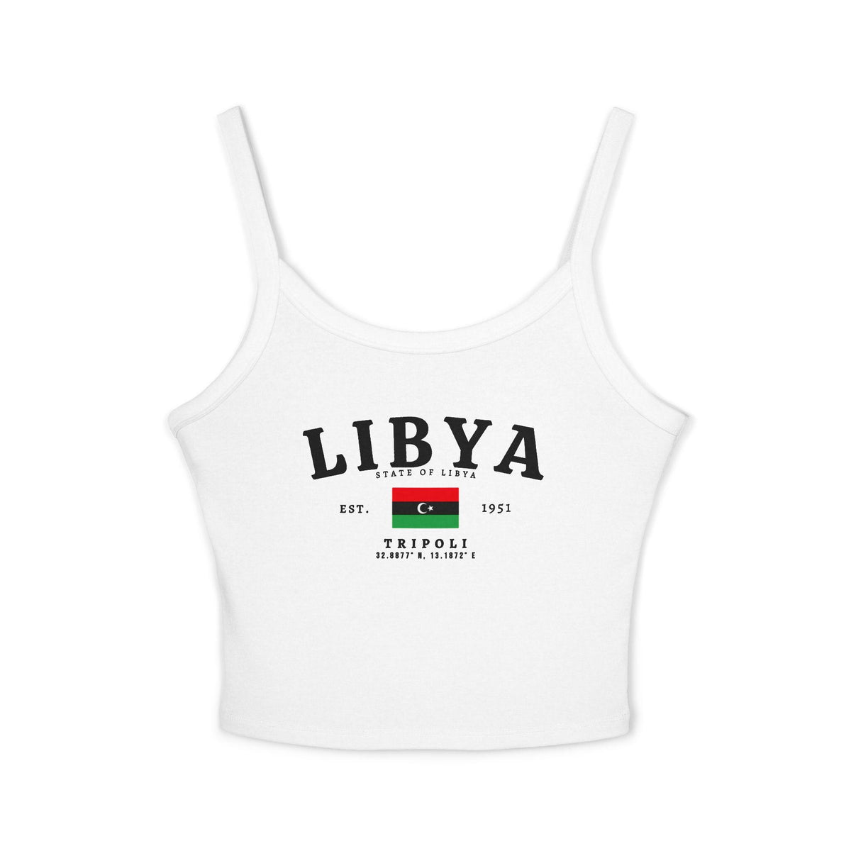 Black tank top with vintage Libya lettering, Libyan flag, State of Libya text, Est. 1951 and Tripoli details