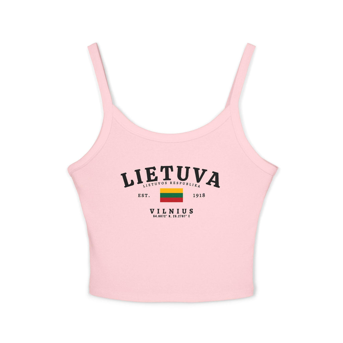 Black tank top with Lietuva text, Lithuanian flag, Est. 1918, and Vilnius coordinates