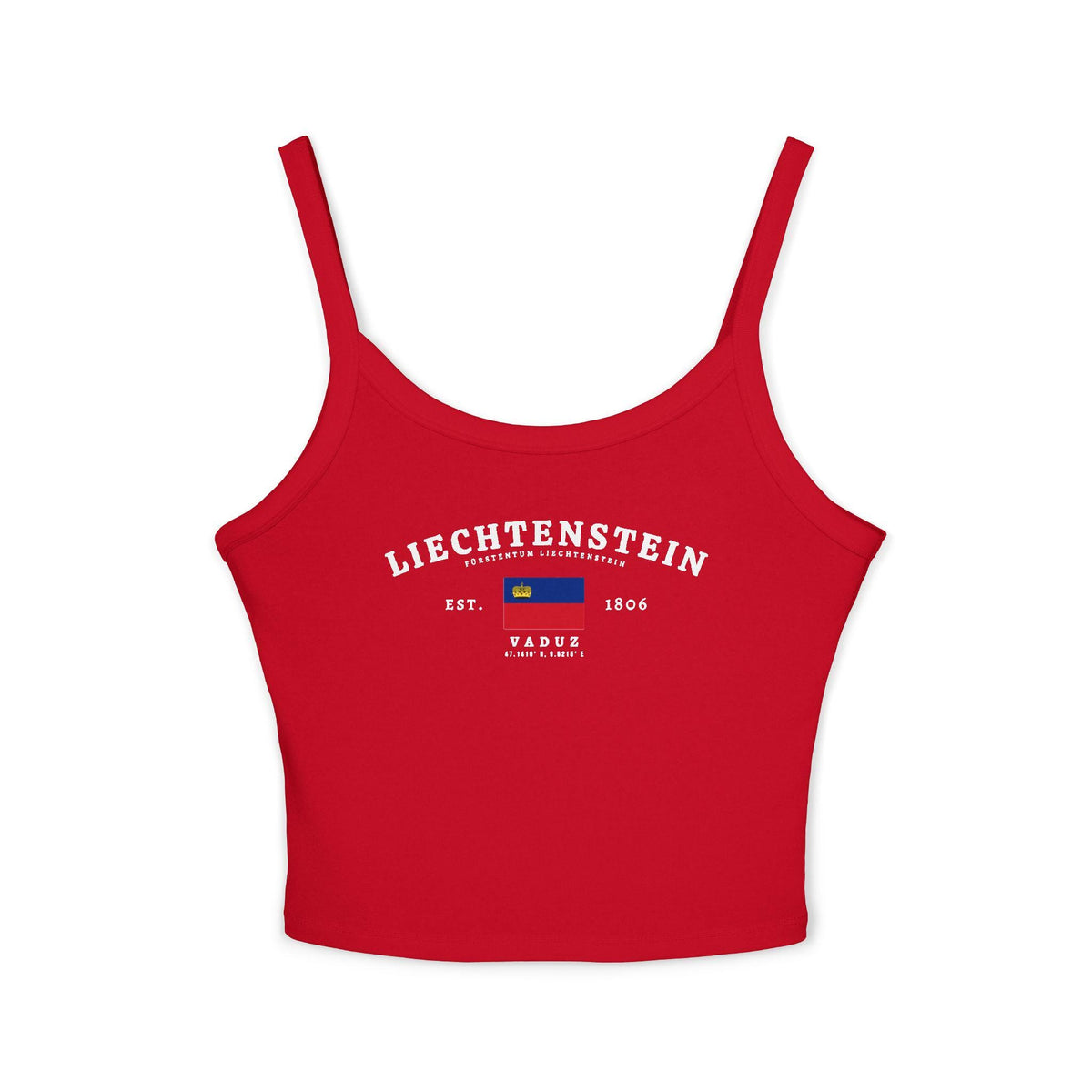 Liechtenstein tank top with arched lettering, national flag, Vaduz text, Est. 1806, and coordinates.