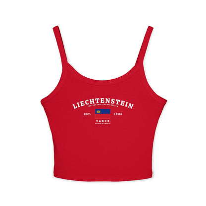 Liechtenstein tank top with arched lettering, national flag, Vaduz text, Est. 1806, and coordinates.