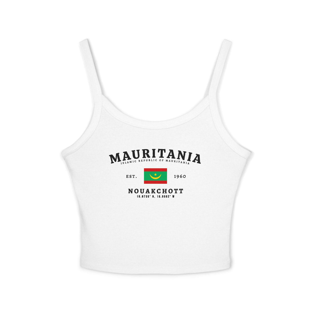 White tank top with vintage Mauritania flag, Nouakchott, Islamic Republic text, and Est. 1960 design