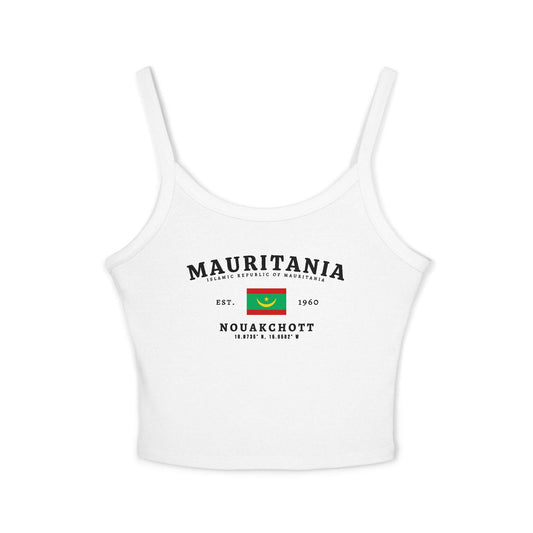 White tank top with vintage Mauritania flag, Nouakchott, Islamic Republic text, and Est. 1960 design