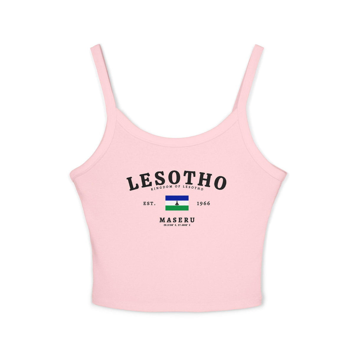 Navy tank top with Lesotho text, Kingdom of Lesotho, flag, Est. 1966, Maseru and coordinates