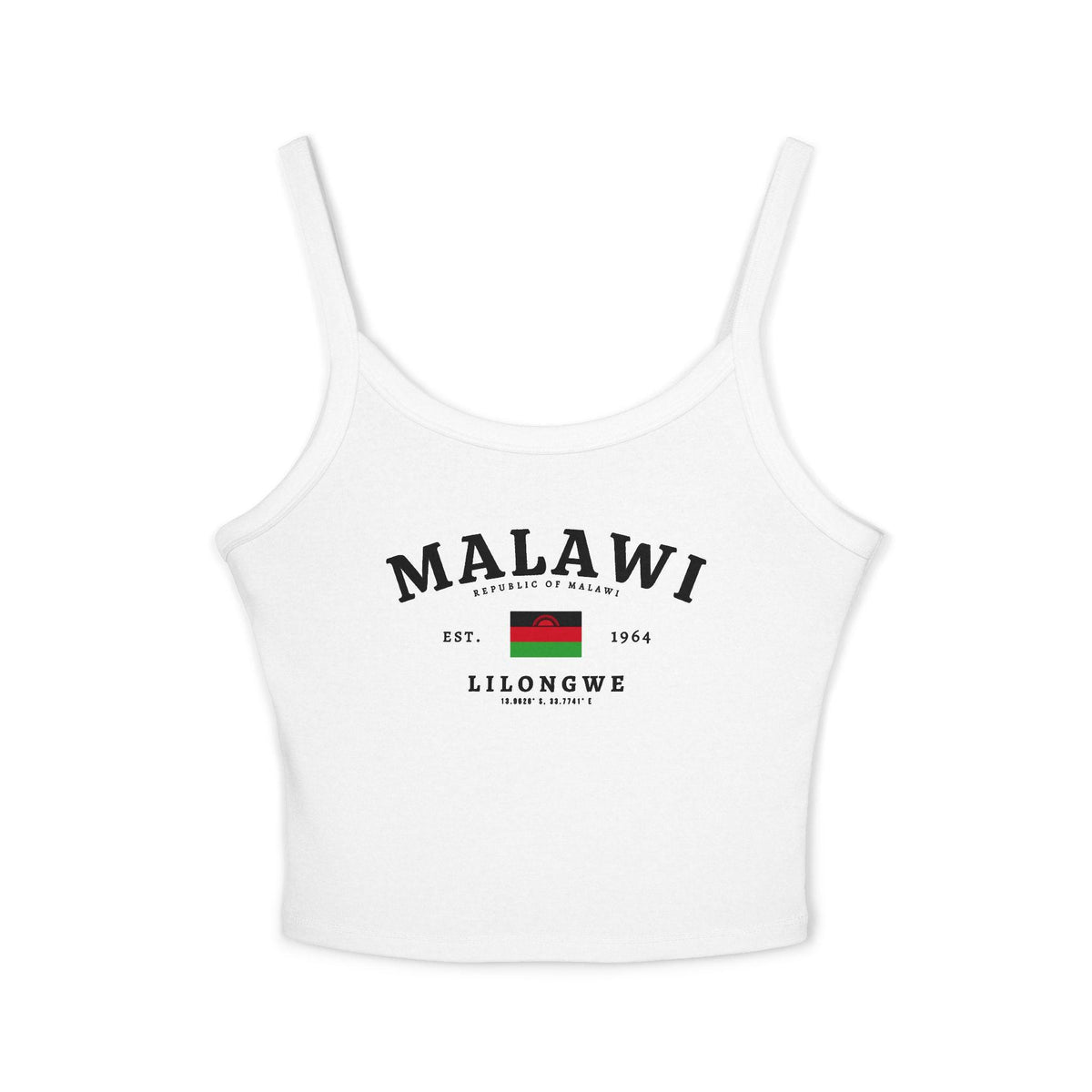 Black tank top with Malawi flag, Republic of Malawi, Est. 1964, Lilongwe, and coordinates design