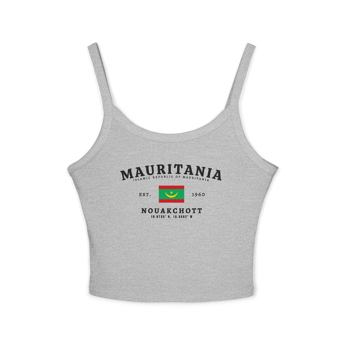 White tank top with vintage Mauritania flag, Nouakchott, Islamic Republic text, and Est. 1960 design