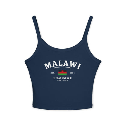 Black tank top with Malawi flag, Republic of Malawi, Est. 1964, Lilongwe, and coordinates design