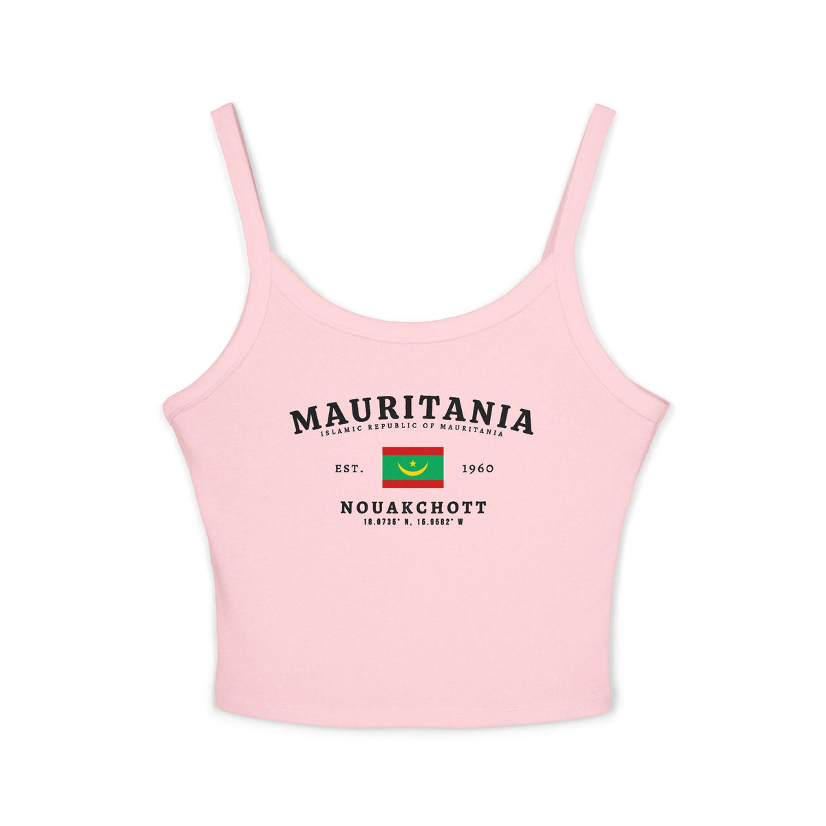 White tank top with vintage Mauritania flag, Nouakchott, Islamic Republic text, and Est. 1960 design