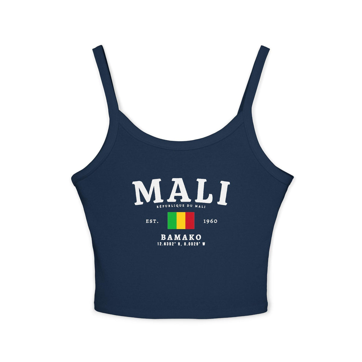 Navy tank top with bold Mali lettering, République du Mali text, Mali flag, Est. 1960 and Bamako details