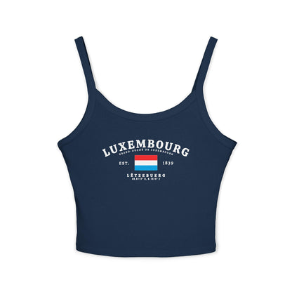 Light blue tank top with vintage Luxembourg flag graphic, Est. 1839 text, Lëtzebuerg and coordinates.