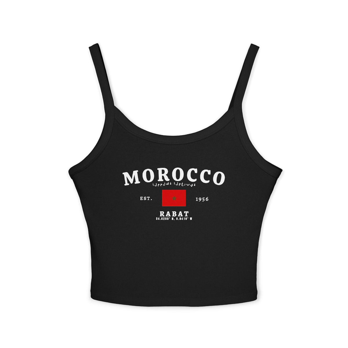 Red tank top with Morocco text, Arabic script, Moroccan flag, Est. 1956, and Rabat coordinates