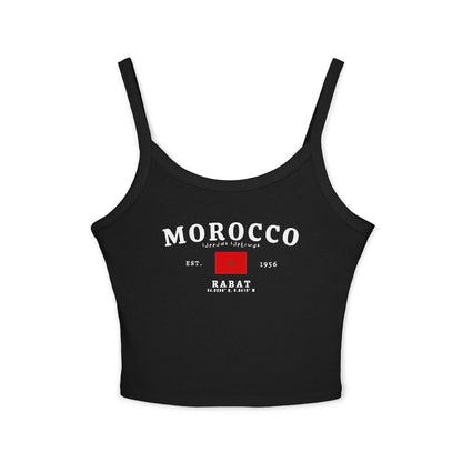 Red tank top with Morocco text, Arabic script, Moroccan flag, Est. 1956, and Rabat coordinates