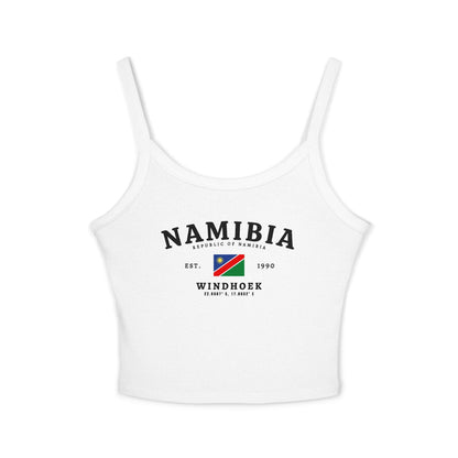 Black tank top with Namibia, Windhoek, Republic of Namibia text, Est. 1990, and Namibia flag design