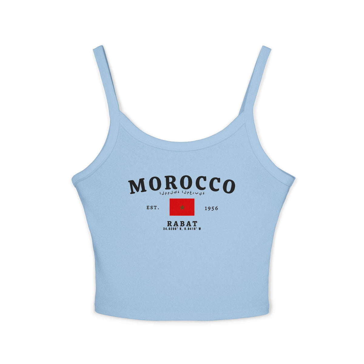 Red tank top with Morocco text, Arabic script, Moroccan flag, Est. 1956, and Rabat coordinates