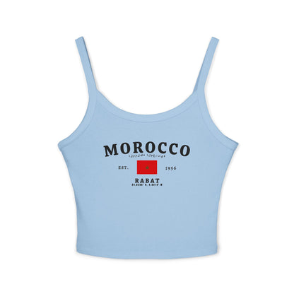 Red tank top with Morocco text, Arabic script, Moroccan flag, Est. 1956, and Rabat coordinates