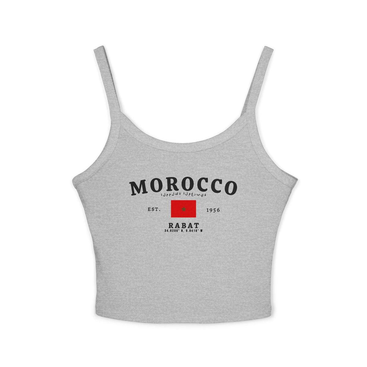 Red tank top with Morocco text, Arabic script, Moroccan flag, Est. 1956, and Rabat coordinates