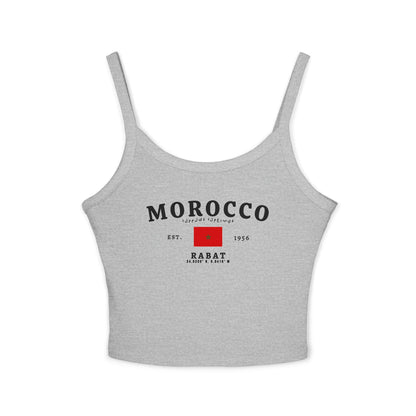 Red tank top with Morocco text, Arabic script, Moroccan flag, Est. 1956, and Rabat coordinates