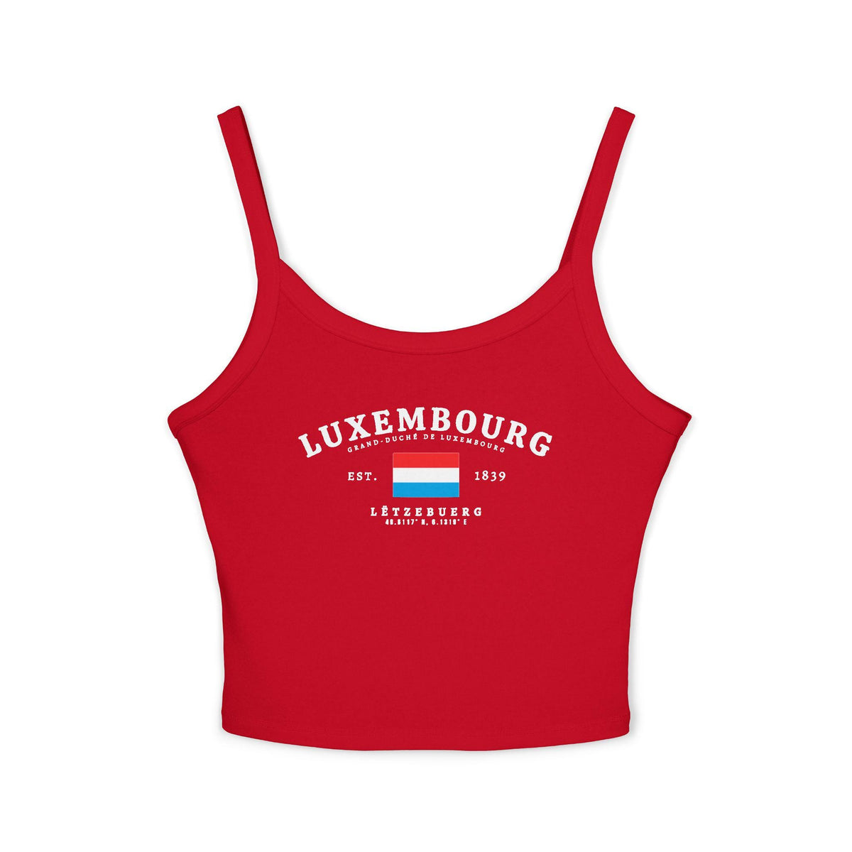Light blue tank top with vintage Luxembourg flag graphic, Est. 1839 text, Lëtzebuerg and coordinates.