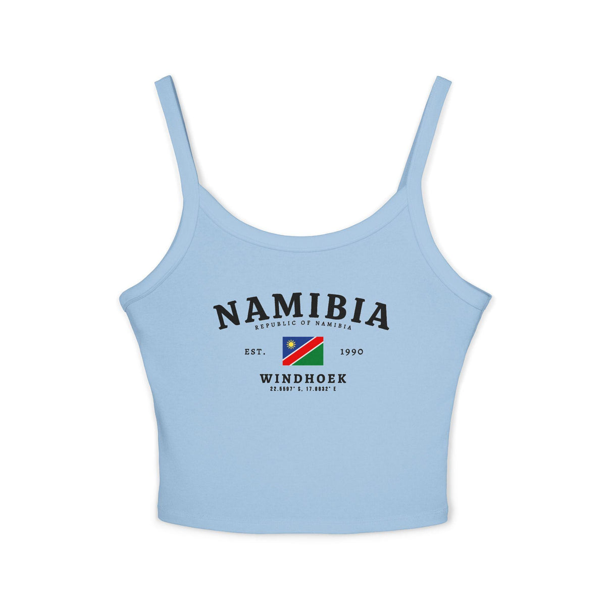 Black tank top with Namibia, Windhoek, Republic of Namibia text, Est. 1990, and Namibia flag design