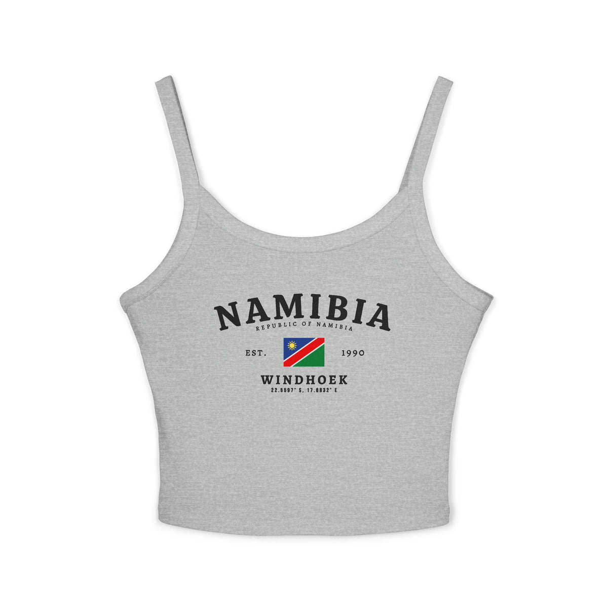 Black tank top with Namibia, Windhoek, Republic of Namibia text, Est. 1990, and Namibia flag design