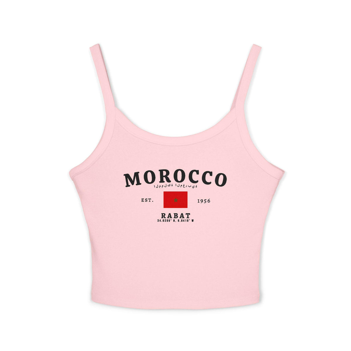 Red tank top with Morocco text, Arabic script, Moroccan flag, Est. 1956, and Rabat coordinates