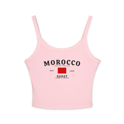 Red tank top with Morocco text, Arabic script, Moroccan flag, Est. 1956, and Rabat coordinates