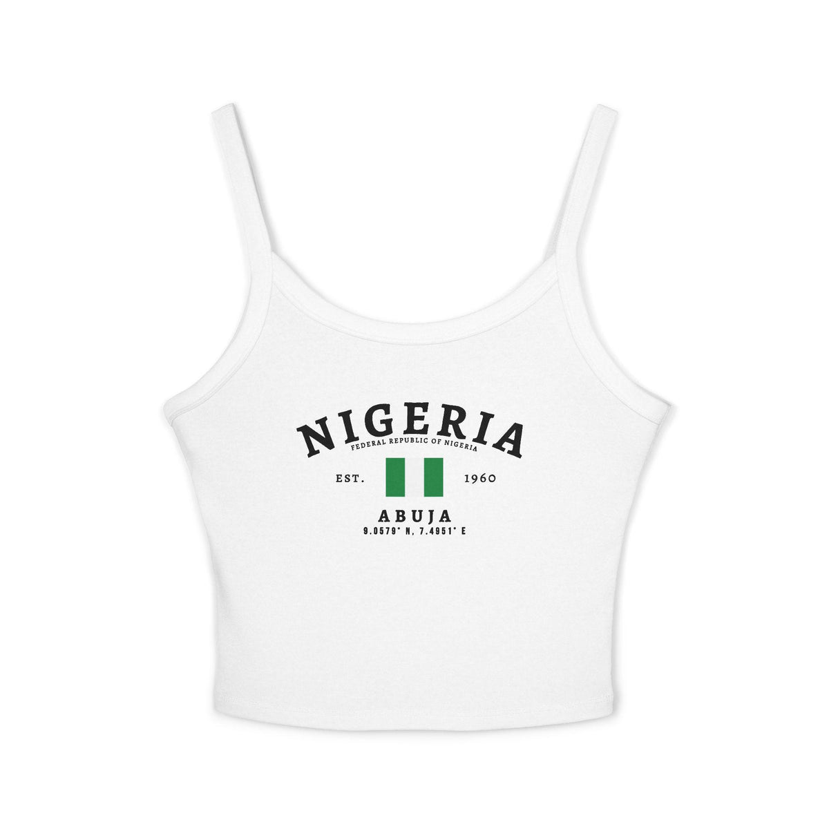 Black tank top with arched Nigeria text, Nigerian flag, Abuja, Est. 1960, and coordinate details