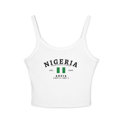 Black tank top with arched Nigeria text, Nigerian flag, Abuja, Est. 1960, and coordinate details