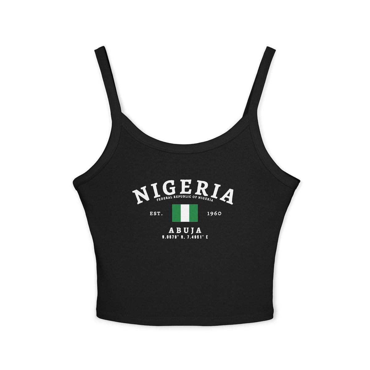 Black tank top with arched Nigeria text, Nigerian flag, Abuja, Est. 1960, and coordinate details