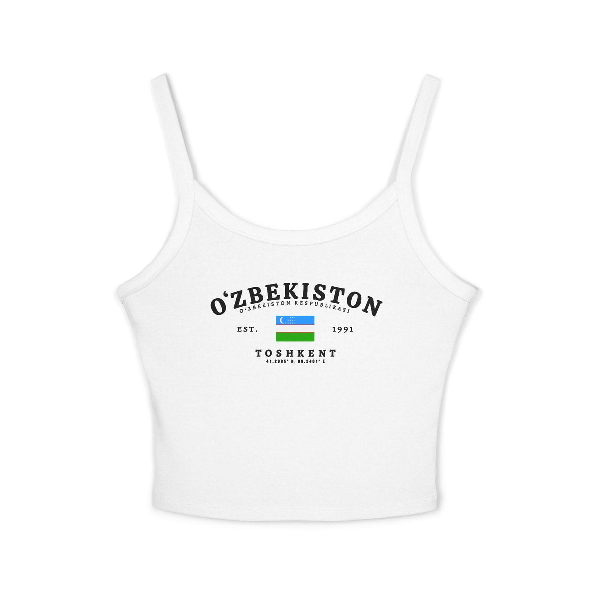 Light blue tank top with O'zbekiston text, Uzbekistan flag, Est. 1991 and Toshkent design