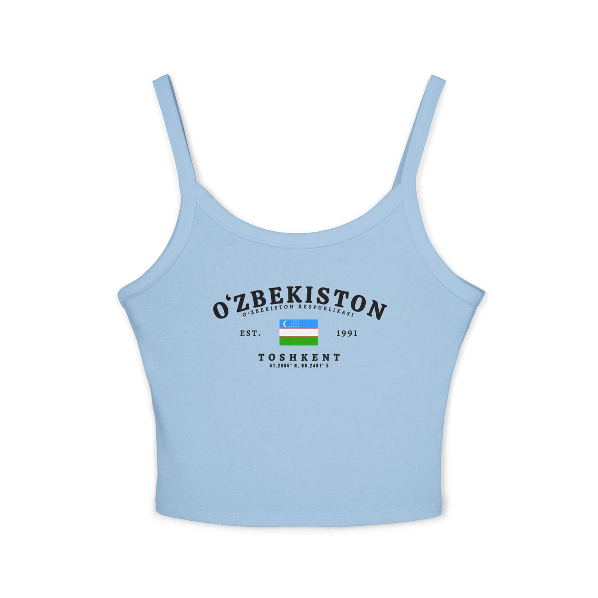 Light blue tank top with O'zbekiston text, Uzbekistan flag, Est. 1991 and Toshkent design