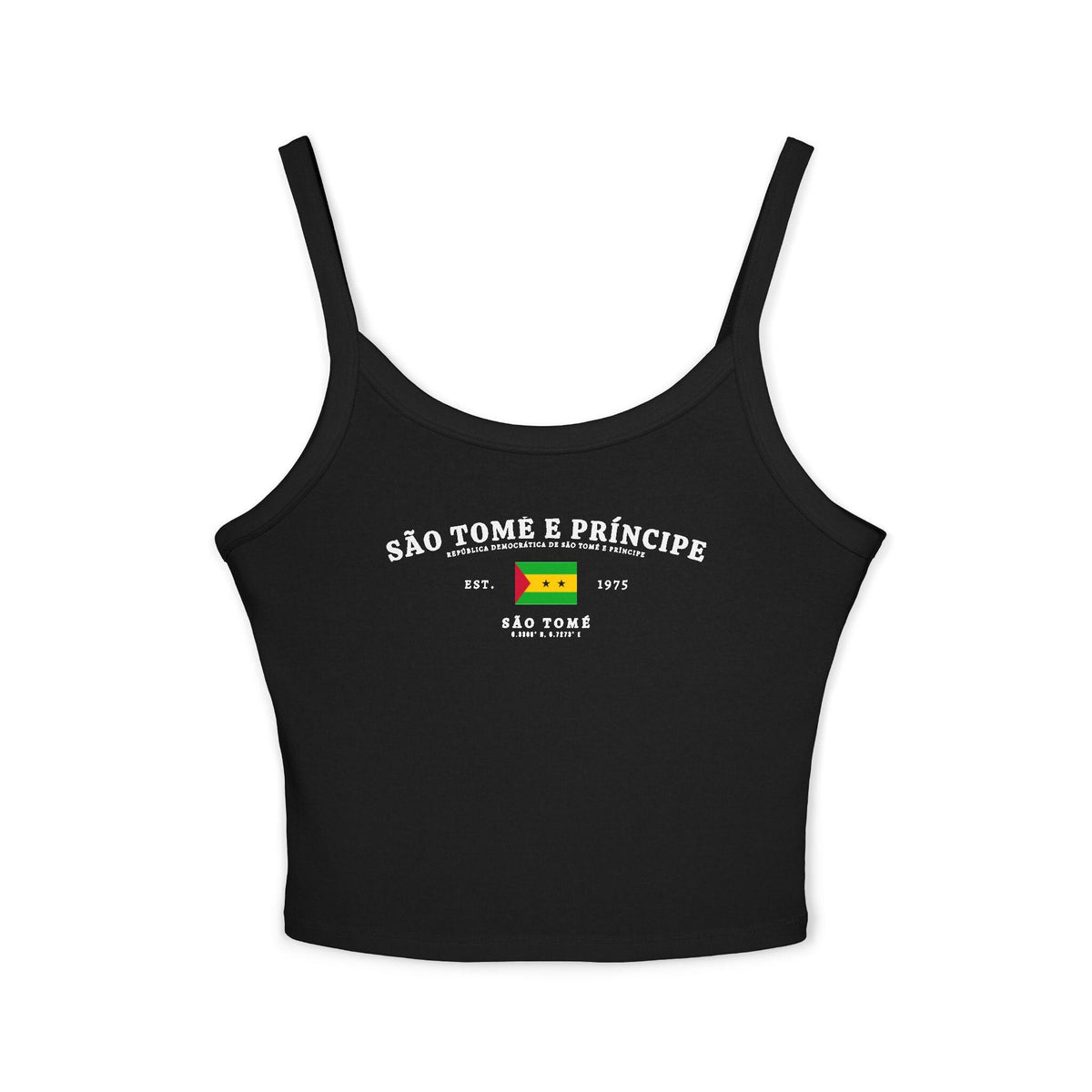 Navy tank top with São Tomé e Príncipe flag, Est. 1975 text and São Tomé coordinates