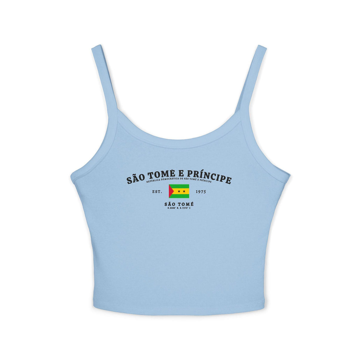 Navy tank top with São Tomé e Príncipe flag, Est. 1975 text and São Tomé coordinates