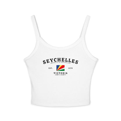 Navy tank top with Seychelles flag, Republic of Seychelles text, Victoria, and coordinates design