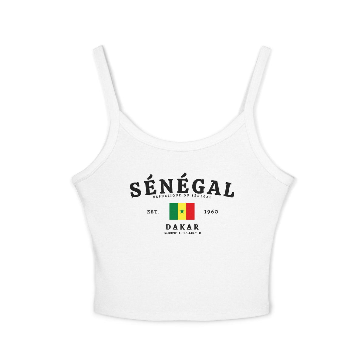 Black tank top with SÉNÉGAL lettering, Senegal flag, Dakar text, 1960 date, and coordinates
