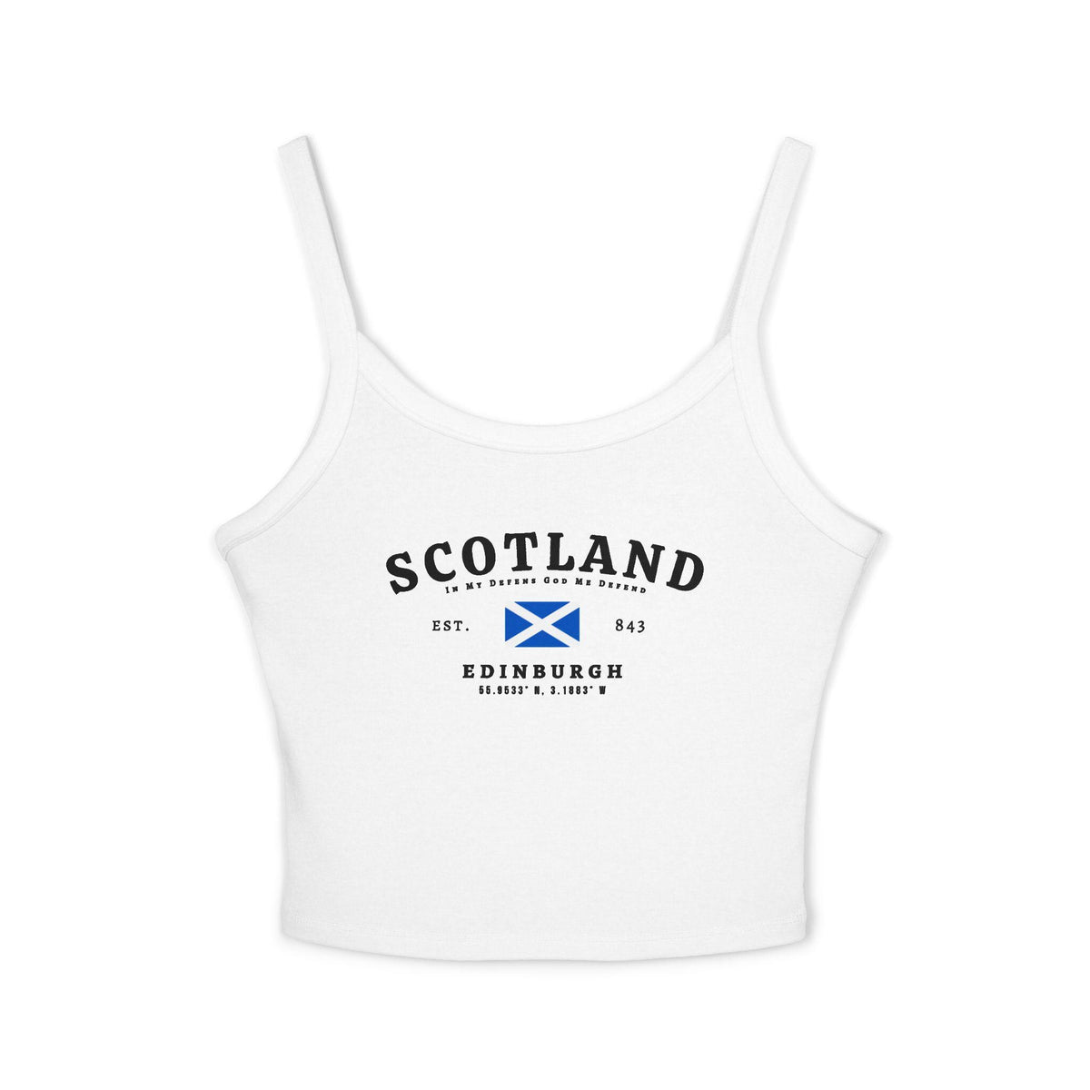 Navy tank top with vintage Scotland lettering, Scottish flag, EST. 843, and Edinburgh coordinates design