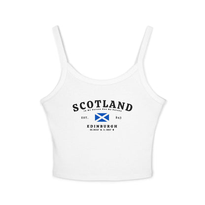 Navy tank top with vintage Scotland lettering, Scottish flag, EST. 843, and Edinburgh coordinates design