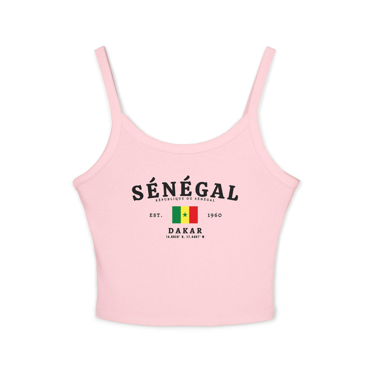 Black tank top with SÉNÉGAL lettering, Senegal flag, Dakar text, 1960 date, and coordinates