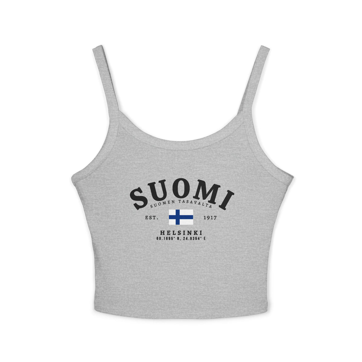 Light blue tank top with vintage Suomi Finland flag design, Helsinki text, and Est. 1917 details
